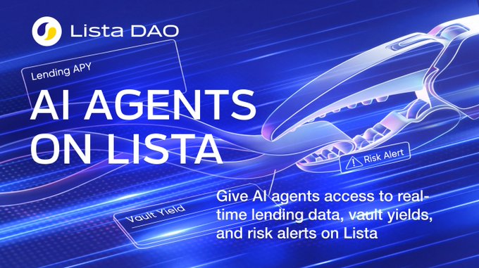 The image features a blue background with white text that reads "Listsa AI Agents on Lista", followed by a list of different AI agents, including one named "Risk Alerts" and another named "Youth Tinder". The image also includes a picture of a claw holding a wallet.