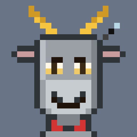 Pixel art character with a gray block-shaped head, yellow pixelated antlers, and a small blue accent, set against a blue background.