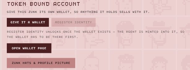 A pink-themed interface titled 'TOKEN BOUND ACCOUNT' explaining how to give a ZUNK its own wallet, with options to 'GIVE IT A WALLET', 'REGISTER IDENTITY', 'OPEN WALLET PAGE', and 'ZUNK HATS & PROFILE PICTURE'.