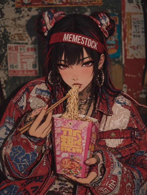 An anime-style illustration depicts a dark-haired woman wearing a red 'MEMESTOCK' headband, eating instant noodles from a cup with chopsticks.