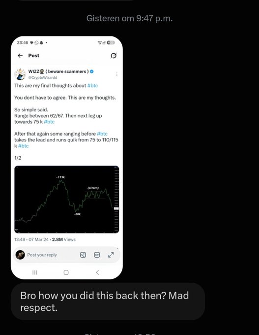 A screenshot of a mobile phone displaying a March 7 X post by WIZZ (@CryptoWizard_) titled "This are my final thoughts about #btc," predicting BTC would range between 62-67K, leg up to 75K, then run from 75-110K—predictions that have since played out, earning the sender's "Mad respect."