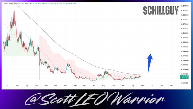 A trading chart for the $CHILLGUY/USDT pair on Binance shows a long downtrend followed by a recent consolidation near the $0.012 level, with a blue arrow highlighting a potential upward breakout if meme season gains momentum. The chart is branded with "$CHILLGUY" in the top right and "@ScottLEOWarrion" at the bottom, reinforcing the post's bullish sentiment that the token remains under the radar despite a quietly persistent community.
