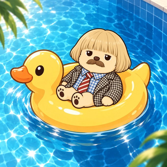 An illustration of a small dog with a bowl-cut hairstyle and a mustache, wearing a checkered blazer and striped tie, floats in a yellow duck pool ring on sparkling blue water.