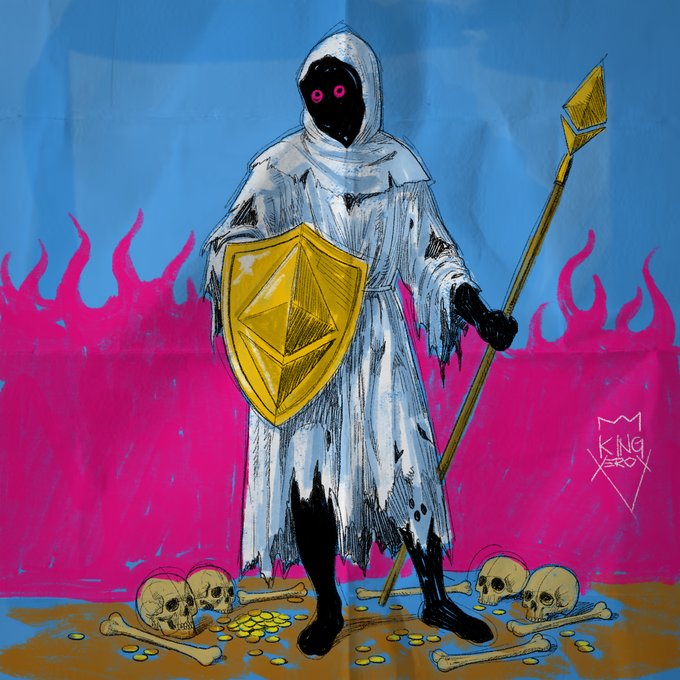 An illustration of a shadowy, hooded knight holding a yellow shield and spear, standing among scattered bones and gold coins against a bright blue and pink background with a "KING ZERO" logo.