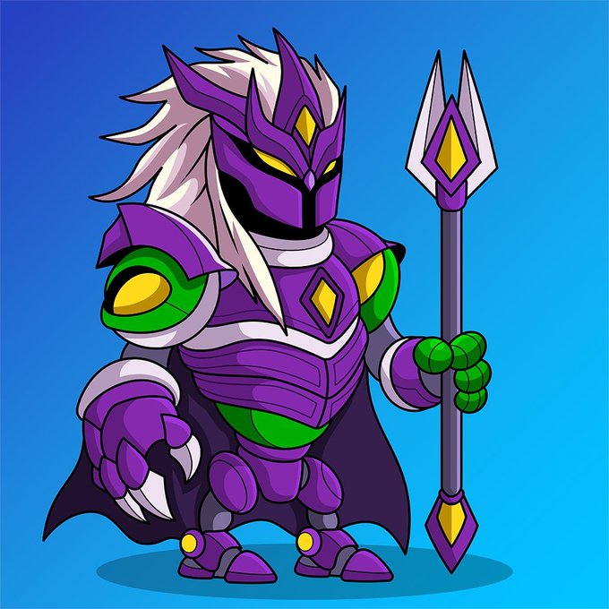 A cartoon illustration depicts a purple-armored warrior character with white hair, green shoulder pads and gloves, holding a purple and gold trident against a blue background.