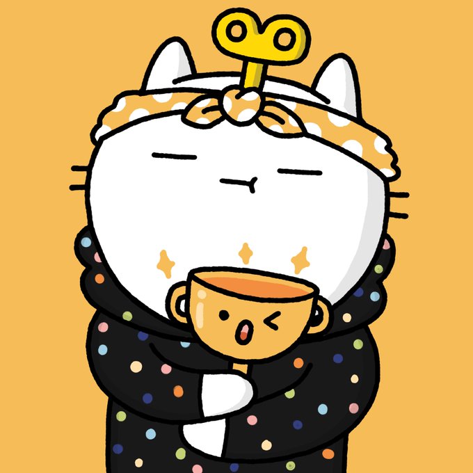 A cartoon illustration features a white cat character wearing a polka-dot hooded outfit and a frilly headpiece with a yellow wind-up key on top, holding a smiling orange teacup against an orange background.