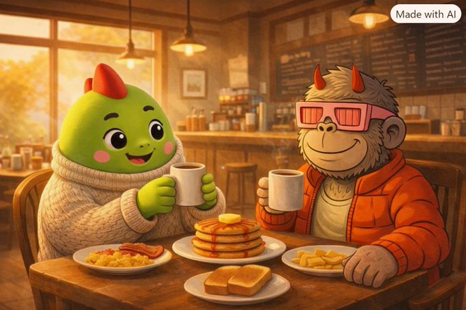 An AI-generated illustration labeled 'Made with AI' showing a green horned character and a monkey wearing pink sunglasses enjoying breakfast with coffee, pancakes, and other dishes in a cozy cafe.