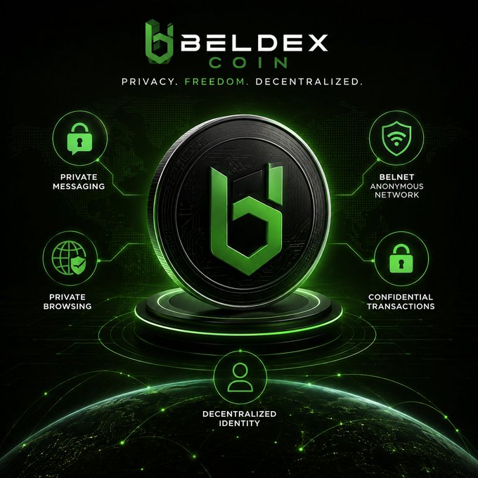 A promotional graphic for Beldex Coin with the tagline 'PRIVACY. FREEDOM. DECENTRALIZED.' showing a green and black coin centered with features like Private Messaging, BelNet Anonymous Network, Private Browsing, Confidential Transactions, and Decentralized Identity.