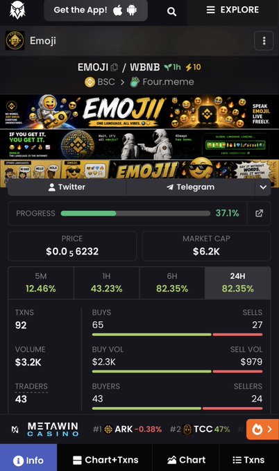 Mobile app screenshot showing cryptocurrency token 'EMOJI' with price $0.0₅6232, market cap $6.2K, on BSC/Four.meme platform, featuring prominent memes and live updates.