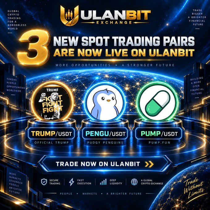 A promotional graphic for Ulanbit Exchange announces '3 NEW SPOT TRADING PAIRS ARE NOW LIVE,' featuring the new pairs TRUMP/USDT, PENGU/USDT, and PUMP/USDT.