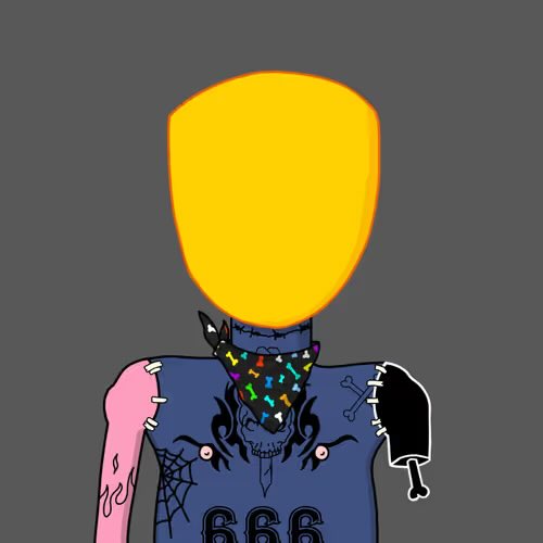 A digital drawing shows a figure with a large yellow oval head wearing a studded mask, a blue shirt with a skull design and '666', and mismatched sleeves.