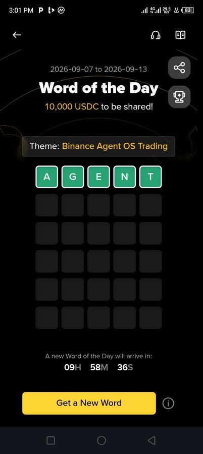 A mobile app screen for a 'Word of the Day' game dated '2026-09-07 to 2026-09-13' shows the theme 'Binace Agent OS Trading' with the word 'AGENT' already guessed, leaving a 5x5 grid of empty tiles, and a countdown timer reading '09H 58M 36S'.