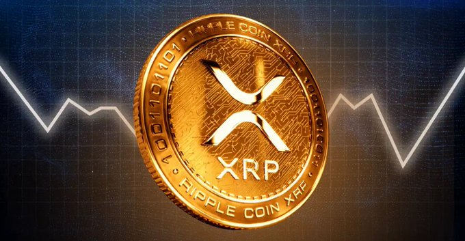 A gold XRP Ripple Coin is displayed against a dark background featuring a fluctuating price chart line. The coin shows "XRP" along with "RIPPLE COIN XRP" text and binary code, visually representing the milestone of 10 million x402 agent payments settling on the XRP Ledger as described in the post.