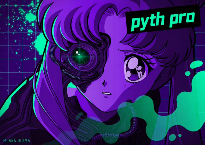 "Pyth pro" is a graphic design with an image of a girl's face featuring purple and green elements. The main focus of the graphic is the central figure wearing a purple dress, holding a large device that appears to be related to computers or electronics. The caption in the image suggests that this design has been shared on social media platforms like Instagram, where it could potentially attract attention from users looking for something new or interesting.
