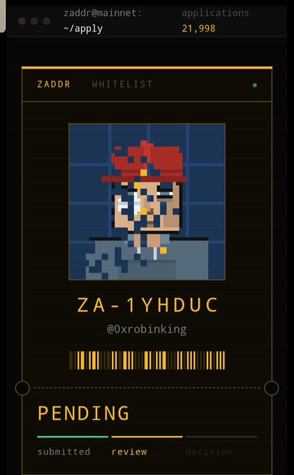 A digital whitelist application interface showing 'ZADDR' with the code 'ZA-1YHDUC' by @0xrobinking, featuring pixel art of a pirate and a 'PENDING' status with a progress bar at the review stage.