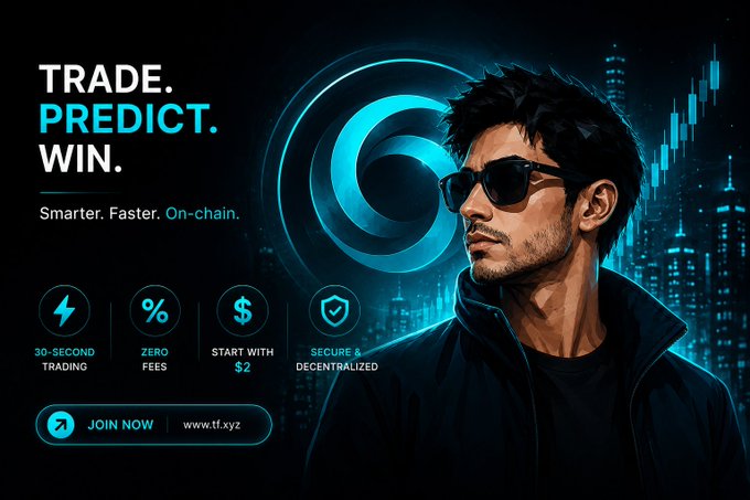 A crypto/trading promotional graphic featuring a stylized man in sunglasses with the tagline 'TRADE. PREDICT. WIN. Smarter. Faster. On-chain.' promoting 30-second trading, zero fees, $2 starting deposits, and secure decentralized features, with the website www.tf.xyz.