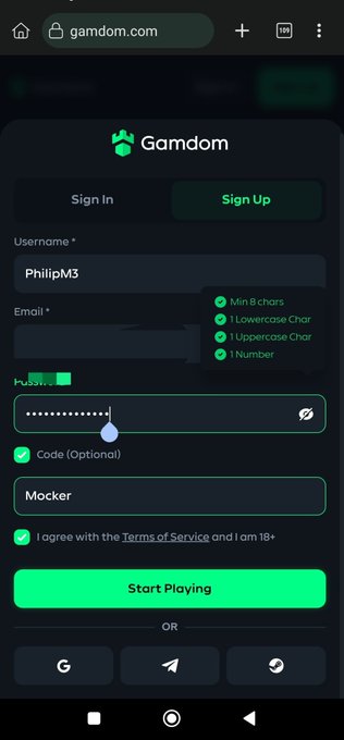 A mobile screenshot of the Gamdom sign-up page with the username 'PhilipM3', an invitation code 'Mocker', and password requirements displayed on the right.