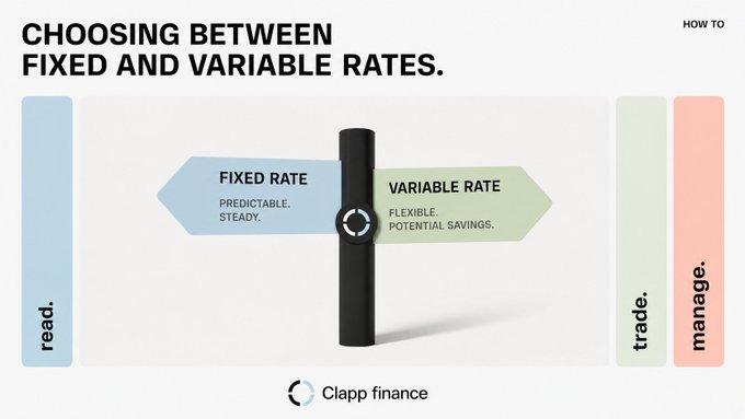 A signpost-style graphic by Clapp Finance titled "CHOOSING BETWEEN FIXED AND VARIABLE RATES," contrasting a "FIXED RATE" (labeled "Predictable. Steady.") with a "VARIABLE RATE" (labeled "Flexible. Potential Savings."), with side tabs reading "read," "trade," and "manage," visually reinforcing the post's comparison between locking in borrowing costs or accepting rate movements for potential savings.
