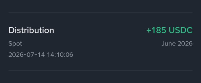 A dark interface screen displaying a 'Distribution' of '+185 USDC' for 'Spot' dated June 2026, with timestamp 2026-07-14 14:10:06.