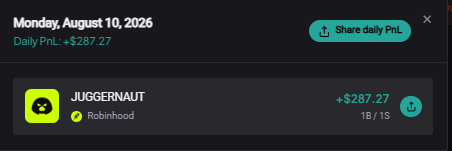 A screenshot shows a Monday, August 10, 2026 daily P&L summary with a single Robinhood position labeled "JUGGERNAUT" generating a +$287.27 gain, reflecting the user's single penny-collecting win from a small Robinhood trade as they save up toward a bigger bet.