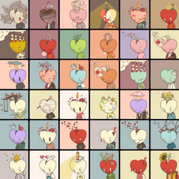 A grid of 36 colorful, cute, stylized heart-shaped character illustrations, each with unique outfits, hairstyles, and accessories.