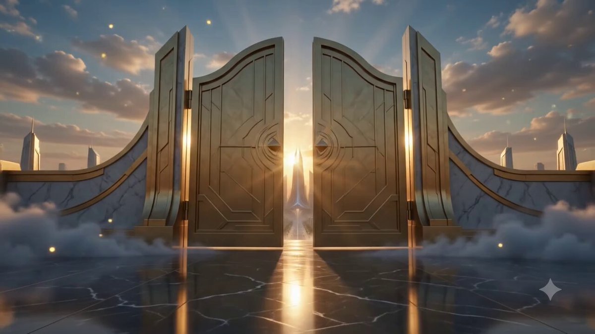 The image features a large, golden gate with two doors that are open, leading to an unseen destination or another world beyond. The sun shines brightly through one of the gates, creating a warm glow around the scene. In the background, there is a city skyline visible, adding depth and context to the image. The post's content seems to be related to travel or exploration, as it showcases the golden gate with its open doors and the city skyline in the distance.