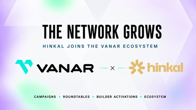 The image is a partnership announcement graphic featuring the text "THE NETWORK GROWS" and "HINKAL JOINS THE VANAR ECOSYSTEM," with both the Vanar and Hinkal logos displayed side-by-side. It aligns with the post by visually highlighting the collaboration between Vanar and @hinkal_protocol, emphasizing their shared focus on enabling secure, private, and compliant blockchain transactions.
