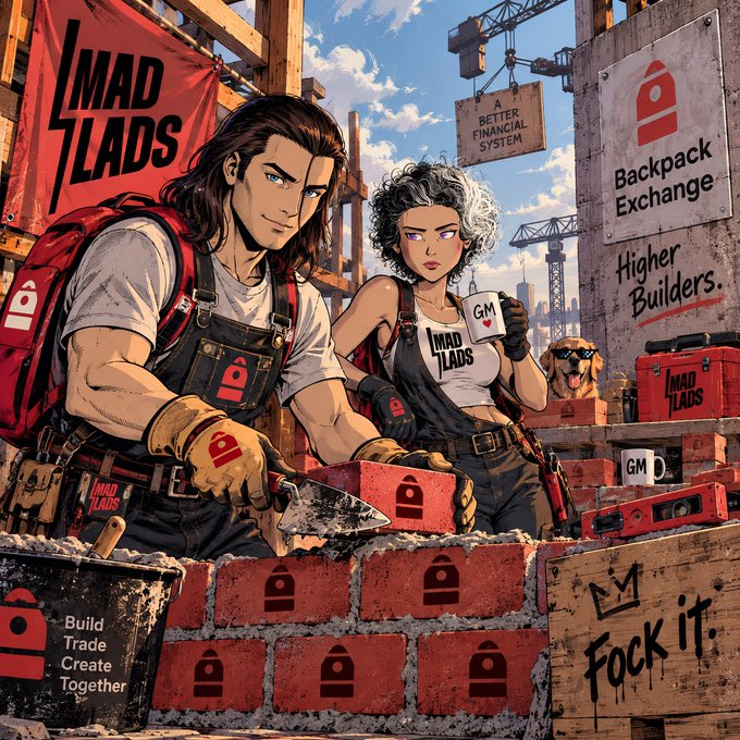Two stylized "Mad Lads" construction workers—one muscular man with a trowel and one woman holding a "GM" mug—build a brick wall stamped with Backpack Exchange logos, under a "MAD LADS" banner and signs reading "A Better Financial System," "Backpack Exchange — Higher Builders," "GM MAD LADS," "Build Trade Create Together," and a graffiti-tagged "Fock it." The construction scene visually echoes the post's call to "We build" while promoting Backpack as a genuine brokerage rather than just "hopium."