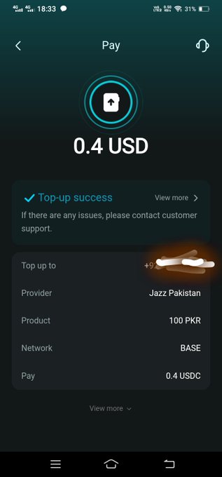 A mobile payment confirmation screen shows a successful 0.4 USD top-up of 100 PKR to Jazz Pakistan BASE network, with a phone number partially obscured for privacy. The image humorously illustrates the concept of using "magic internet tokens" (USDC cryptocurrency) to pay for mobile/internet service, showing crypto-to-mobile-top-up in action.