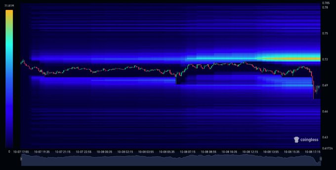 A candlestick order book heatmap chart from Coinglass displaying trading activity with prices ranging roughly 0.63 to 0.785 on October 10th.