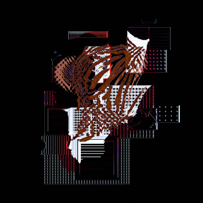 An abstract digital artwork displays chaotic white and brown brushstrokes layered over geometric grids and red accents on a black background.