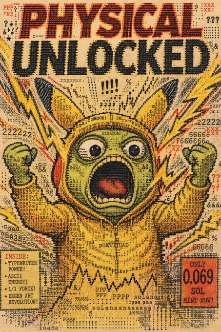 A distressed Pikachu-style "PIKATOAD" meme screaming with fists raised, set against a chaotic background of glitched text and numbers, with "PHYSICAL UNLOCKED" in bold red and black lettering at the top. The poster matches the auction details for a "PIKATOAD PHYSICAL UNLOCKED" piece with a current bid of 0.069 SOL and 39 minutes remaining, as noted in the accompanying post.