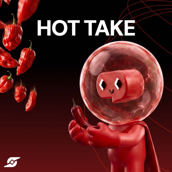 The image features a red character with a face wearing a helmet that has a chili pepper attached to it. The character appears to be holding a chili pepper as well. The background of the image is black, which contrasts with the vibrant red color of the character's helmet and the chili pepper. The text "Hot Take" is written in white above the character, while the word "DlicomApp" is written below it.