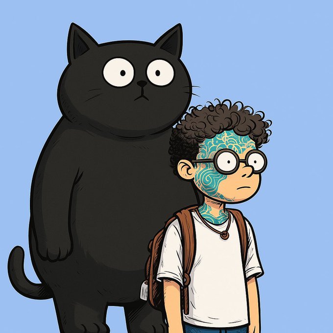A cartoon illustration shows a large black cat with wide, blank eyes standing behind a young person with curly hair, round glasses, and a swirling blue pattern on their face and neck, carrying a backpack against a plain blue background—the unusual pairing suggesting an unpredictable "non-slop" creative choice.