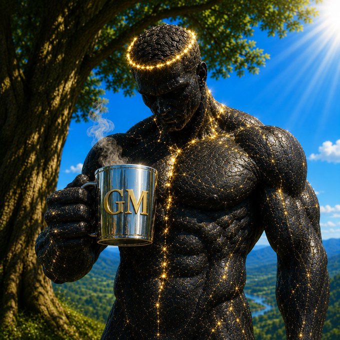 A digitally rendered image of a muscular dark stone-like figure with golden glowing cracks, wearing a glowing halo and holding a silver mug with 'GM' engraved on it.