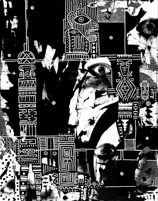 A high-contrast black and white abstract collage featuring stylized humanoid faces with large eyes overlaid with tribal-inspired geometric patterns and symbols.