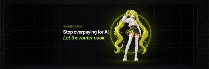 An anime-style promotional image showing a green-haired character with text reading "Stop overpaying for AI. Let the router cook."