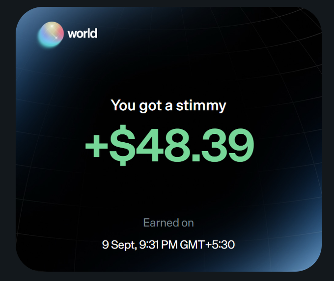A notification screen from 'world' (Worldcoin) displays a message reading 'You got a stimmy +$48.39' with the timestamp 'Earned on 9 Sept, 9:31 PM GMT+5:30'.