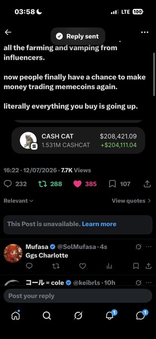 A Twitter/X screenshot of a reply discussing memecoins, mentioning "CASH CAT" with a value of "$208,421.09" and gain of "+$204,111.04".