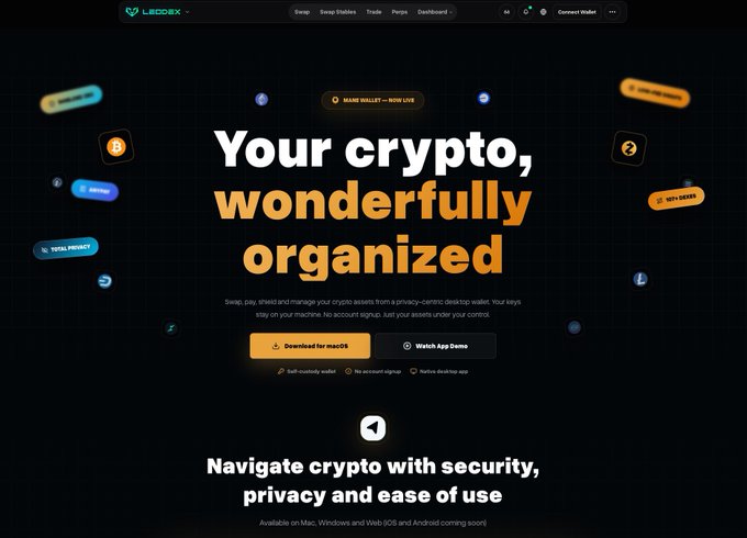A landing page for "LEODEX" promotes its "NANO WALLET — NOW LIVE" with the headline "Your crypto, wonderfully organized," featuring CTA buttons to download for macOS and watch an app demo. The design showcases floating cryptocurrency icons and UI elements like "NFTs," "TOTAL PRIVACY," "WITHDRAW," and "OPEN SERIES," aligning with the post's emphasis on privacy and versatility across any coin or chain.