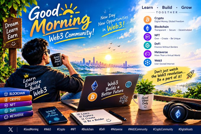 A vibrant promotional graphic for a 'Good Morning Web3 Community!' featuring key Web3 concepts including Blockchain, Crypto, NFT, DeFi, and Metaverse, with a person looking at a cityscape while holding a coffee mug.