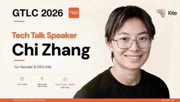 The image is a speaker announcement graphic for GTLC 2026, featuring Chi Zhang, Co-founder & CEO of Kite, as a Tech Talk Speaker, with a photo of her smiling and wearing glasses, promoting a talk tied to Kite's role in building trust infrastructure for autonomous AI agents.