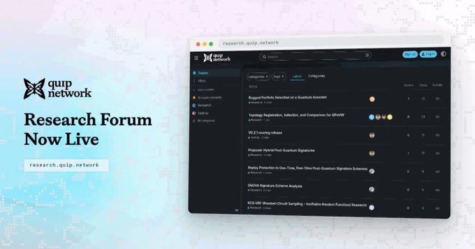 A promotional graphic for 'quip network' announcing 'Research Forum Now Live' at research.quip.network, showing a screenshot of the forum interface with topics like 'Rugged Portfolio Selection' and 'Iterating Regret Minimization.'
