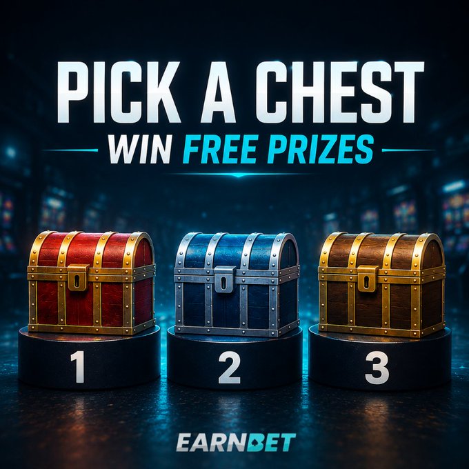 The image shows a "Pick a Chest, Win Free Prizes" promotional graphic from Earnbet featuring three numbered treasure chests (1, 2, and 3) on pedestals, directly illustrating the post's call for participants to choose a chest for a chance to win a $40 prize.