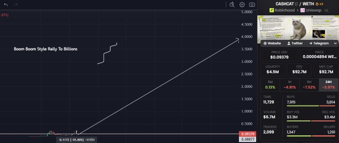A screenshot of a Cashcat (CASHAT) cryptocurrency chart on DEX Screener shows a "Boom Boom Style Rally To Billions" projection, with current metrics of $0.09379, a $4.5M market cap, and 11,729 transactions in the last 24 hours. The trending price line illustrates the post's thesis of a volatile pump-and-dump pattern that eventually pushes the token's market cap toward billions as late buyers get forced to sell.