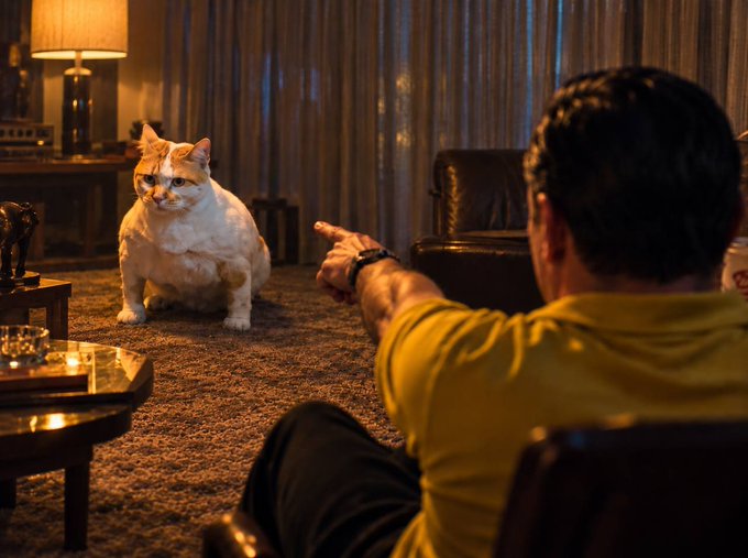 A man in a yellow shirt points accusingly at a large, plump white and orange cat sitting on a carpet in a dimly lit living room.