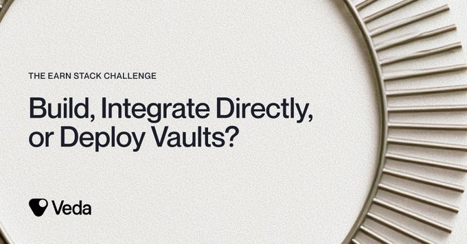 A minimalist beige graphic with circular sunburst-like patterns on the right side, displaying the text "THE EARN STACK CHALLENGE" and "Build, Integrate Directly, or Deploy Vaults?" along with the "Veda" logo at the bottom left.