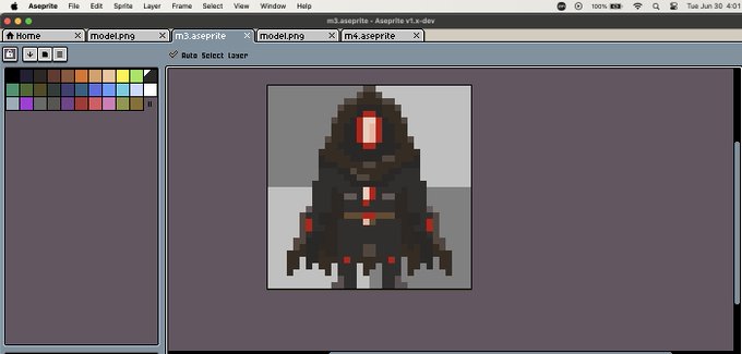 A user is working in Aseprite on a Mac, editing a pixel art character they appear to be creating for the first time, as reflected in the post about learning pixel art in a 32x32 grid. The workspace shows their dark, hooded sprite with red glowing details, saved as "m4.aseprite," alongside an open "model.png" reference tab — likely the character design they're trying to recreate by hand while jokingly advertising a unpaid pixel art job opening.