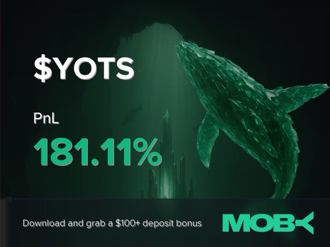 The image is a promotional graphic from Moby featuring a whale breaching in green-tinted water, advertising $YOTS with a PnL of 181.11% and offering a $100+ deposit bonus for downloading the app. It visually emphasizes the win alert mentioned in the post by showcasing the impressive +181.11% profit and Moby branding alongside the underwater whale imagery.