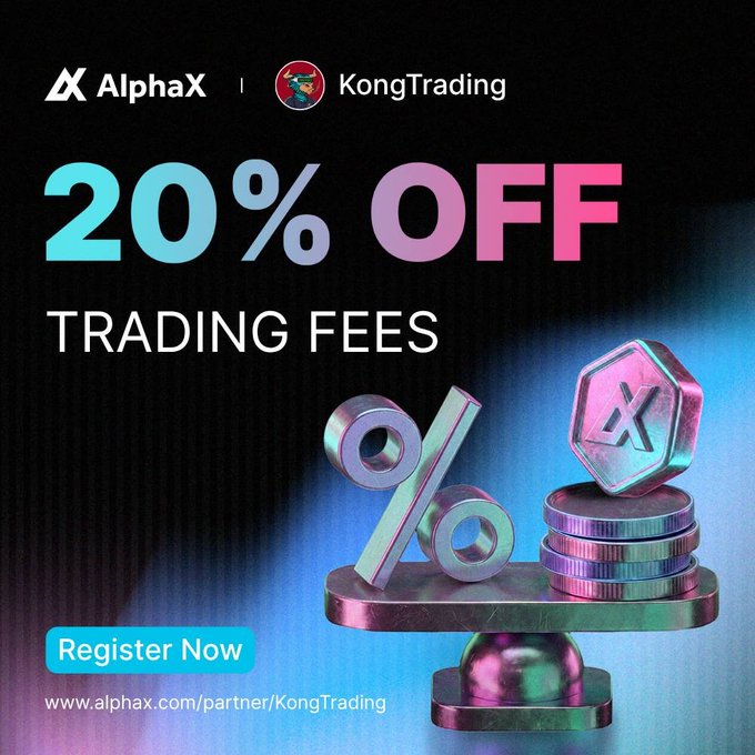 The image features a poster for an AlphaX trading platform called KongTrading. The poster displays a stack of coins with a price tag, indicating that there's a 20% off offer for trading fees. The text on the poster emphasizes the benefits of using this particular platform and encourages users to register now.